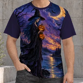 Witch And Glowing Pumpkins Under A Crescent Moon For Halloween Night All-over Print Unisex T-shirt