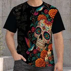 Sugar Skull, Marigold Flowers and Hummingbirds for Día de Muertos Celebrations All-over Print Unisex T-shirt