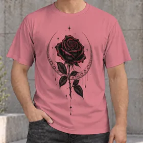 Moonlit Black Rose and Crescent Celestial Motif for Everyday Romantic Style and Gift Giving All-over Print Unisex T-shirt