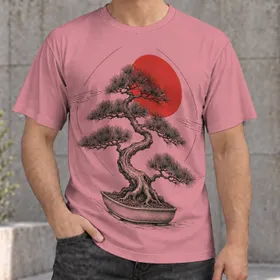 Bonsai Tree And Red Sun Japanese Zen Art For Calm Everyday Wear And Nature Lovers All-over Print Unisex T-shirt