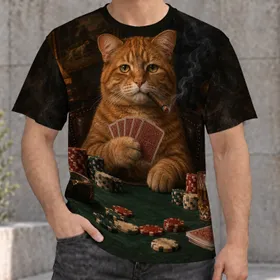 Vintage Poker-Playing Ginger Cat Scene For Casual Nights And Cat Lover Gifts All-over Print Unisex T-shirt