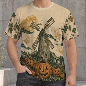 Haunted Windmill And Jack-O'-Lanterns For Autumn Nights And Halloween Gatherings All-over Print Unisex T-shirt