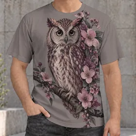 Floral Owl and Blossom Branch for Nature Lovers, Everyday Casual Style and Gifts All-over Print Unisex T-shirt