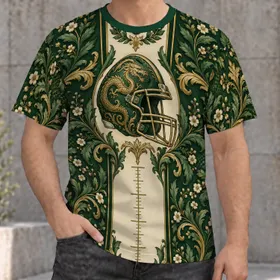 Ornate Green Football Helmet and Dragon Detail for Game Day Fans and Teenagers All-over Print Unisex T-shirt