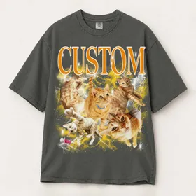 Personalized Bootleg Tee – Custom Pet Photos & Name, Y2K Chrome Lightning Cat Dog Photo Collage Gift