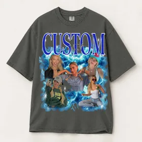 Personalized Bootleg Tee – Custom Photos & Name, Y2K Chrome Lightning Cloud Photo Collage Birthday Gift