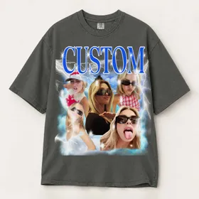 Personalized Bootleg Tee – Custom Photos & Name, Y2K Chrome Lightning Photo Collage Best Friend Birthday Gift