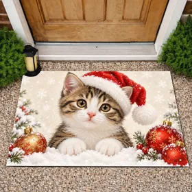 Wide-Eyed Santa Hat Kitten With Snowy Christmas Ornaments For Cozy Holiday Home Decor Doormat