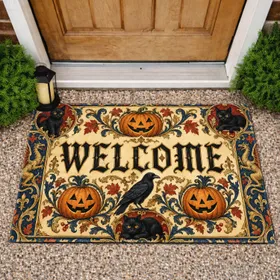 Vintage Halloween Pumpkins, Raven and Black Cats for a Welcoming Seasonal Entryway Doormat