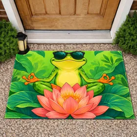 Sunglass-Wearing Yoga Frog With Lotus For Playful Nature-Inspired Botanical Home Decor Doormat