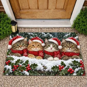 Four Festive Cats in Snowy Holly for Cozy Christmas Winter Holiday Home Decor Seasonal Doormat