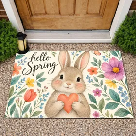 Cute Rabbit and Wildflower Hello Spring Greeting for a Cheerful Seasonal Home Entryway Doormat