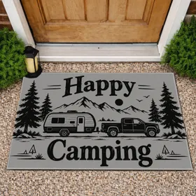 Happy Camping Camper Trailer And Pine Trees For Rustic Outdoor Adventure Enthusiasts Doormat