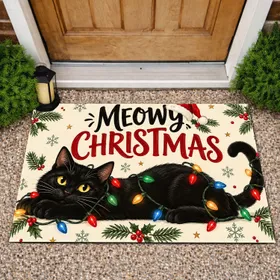 Playful Black Cat Tangled in Christmas Lights for Festive Holiday Cheer at Home Doormat