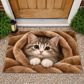 Fluffy Kitten Peeking From Cozy Blanket Nest for Cat Lovers and Cozy Homes Doormat