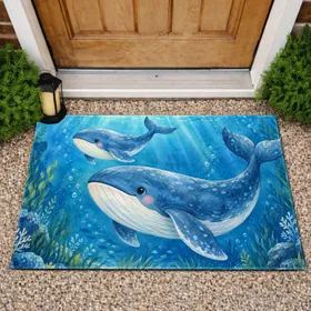Blue Whale Pair Swimming Through Ocean Waves for Calm Coastal Living and Sea Life Lovers Doormat