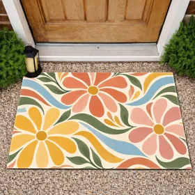 Abstract Floral Waves for a Cheerful Botanical Entryway and Colorful Home Welcome Doormat
