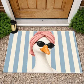 White Goose In Pink Towel Turban For A Playful Bathroom Spa Retreat Doormat