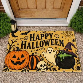 Happy Halloween Pumpkins And Skull For Festive Seasonal Entryway And Cozy Autumn Homes Doormat