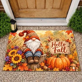 Whimsical Autumn Gnome with Pumpkin and Maple Leaves for Cozy Farmhouse Fall Entryways Doormat