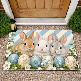 Three Easter Bunnies With Pastel Eggs for a Charming Springtime Entry Doormat