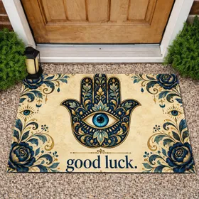 Golden Blue Hamsa Hand with Evil Eye for Bohemian Good Fortune and Housewarming Gifts Doormat