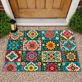 Colorful Floral Mandala Tile Patchwork for Cheerful Bohemian Entryways and Home Decor Doormat