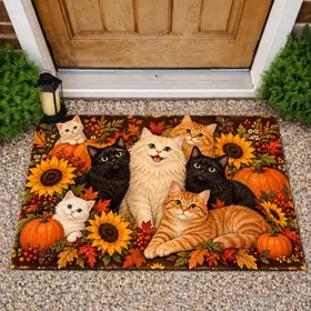 Autumn Cats with Sunflowers and Pumpkins for Cozy Fall Home Decor Doormat