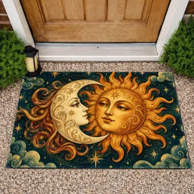 Celestial Sun And Crescent Moon Faces With Bohemian Swirls For Cozy Home Living Doormat