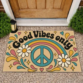 Rainbow Peace Sign and Daisies for Cheerful Boho Everyday Home Entryway Welcome Doormat