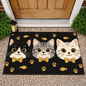 Three Bow-Tied Cat Faces With Tiny Fish Accents For Playful Cat-Loving Homes Everyday Doormat