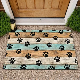 Retro Puppy Paw Prints on Blue Wood for Cozy Pet Lover Homes and Farmhouse Spaces Doormat