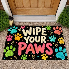 Colorful Paw Prints and Wipe Your Paws Message for Pet Lover Entryway Home Style Doormat