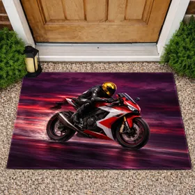 Sport Motorcycle Rider Scene for Garage Style and Adventure-Loving Biker Enthusiasts Doormat