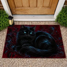 Mysterious Black Cat With Glowing Blue Eyes For Cozy Gothic Home Decor Doormat