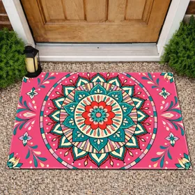 Vibrant Teal And Coral Mandala For Colorful Bohemian Entryway Home Decor Doormat
