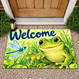 Green Frog and Blue Dragonfly Welcome Scene for Cheerful Nature-Loving Home Decor Doormat