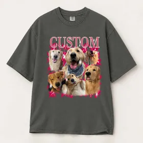 Personalized Bootleg Tee – Custom Dog Photos & Name, Y2K Lightning Pet Photo Collage Birthday Gift