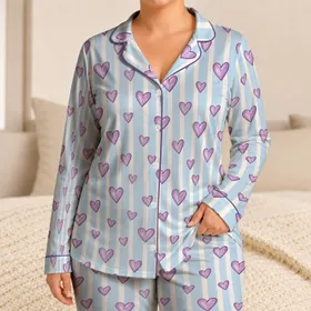 Lavender Hearts and Blue Stripes for Cozy Evenings and Relaxed Lounging at Home for Her Satin Pajamas Set