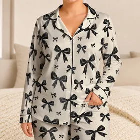 Classic Black Ribbon Bows for Cozy Autumn Evenings and Elegant Everyday Lounging Satin Pajamas Set