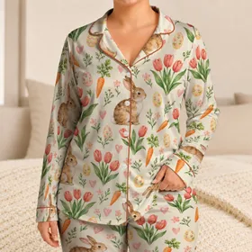 Watercolor Bunny Carrot Tulip Springtime Garden for Cozy Easter Mornings Satin Pajamas Set