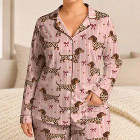 Cute Leopard Dachshund Bow Motifs for Cozy Nights and Charming Gift Giving at Home Satin Pajamas Set