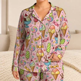 Ice Cream Cones and Candy for Sweet Summer Treat Lovers and Beach Getaways Satin Pajamas Set