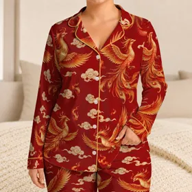 Auspicious Phoenix and Cloud Motifs for Relaxed Evenings and Chinese New Year Gifting Satin Pajamas Set