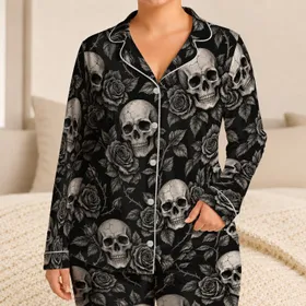 Skull And Rose Motifs for Halloween Nights and Alternative Everyday Style Lovers Satin Pajamas Set