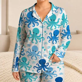 Blue Octopus And Tropical Sea Life For Relaxed Coastal Getaways And Summer Nights Satin Pajamas Set