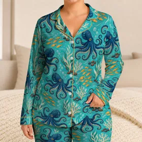 Blue Octopus and Orange Fish Ocean Scene for Relaxed Coastal Getaways Satin Pajamas Set