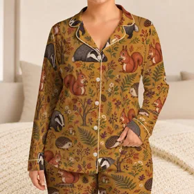 Badger Hedgehog Squirrel Woodland Animals for Cozy Autumn Nature Lovers Satin Pajamas Set