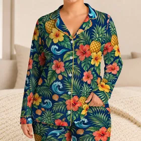 Tropical Hibiscus And Pineapple Blooms For Relaxed Island Getaways And Summer Lounging Satin Pajamas Set