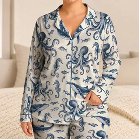 Navy Octopus and Sea Life for Coastal Getaways and Relaxed Ocean-Inspired Living Satin Pajamas Set